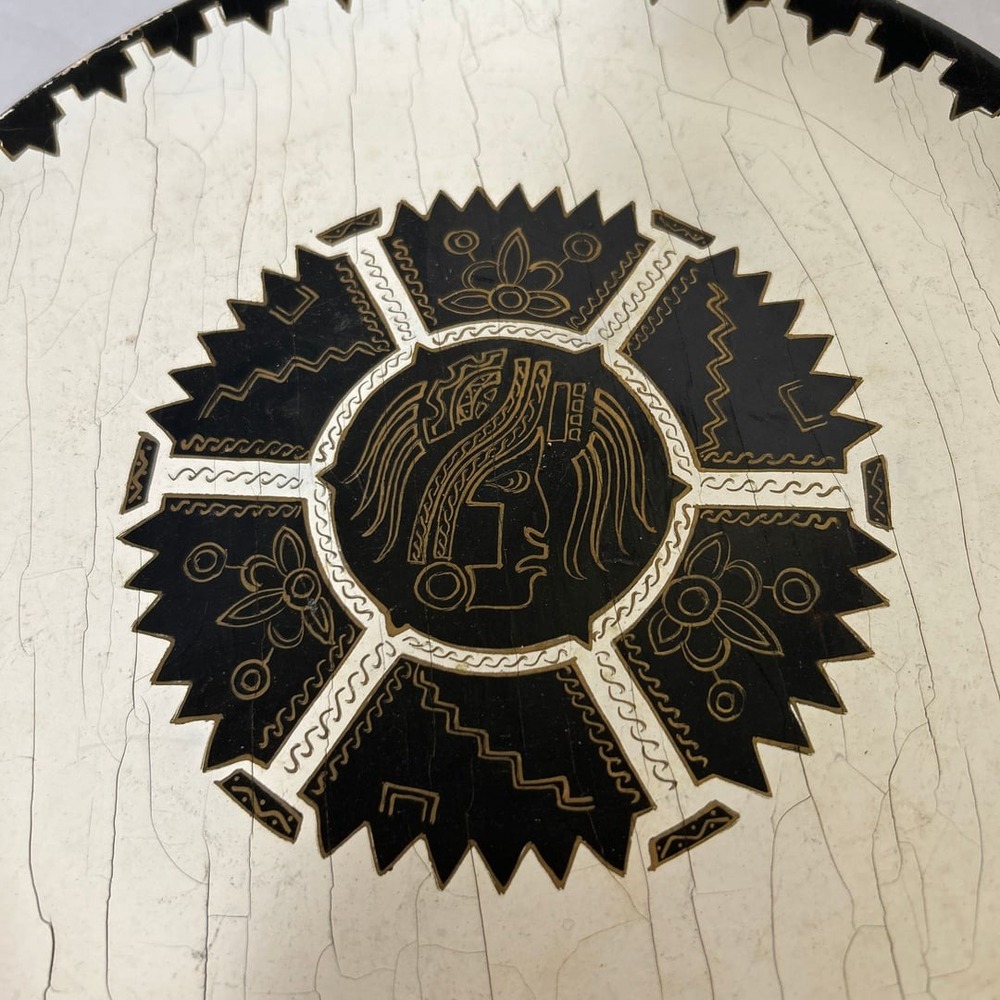 Mexican wooden platter hand, painted with gold tone my symbols